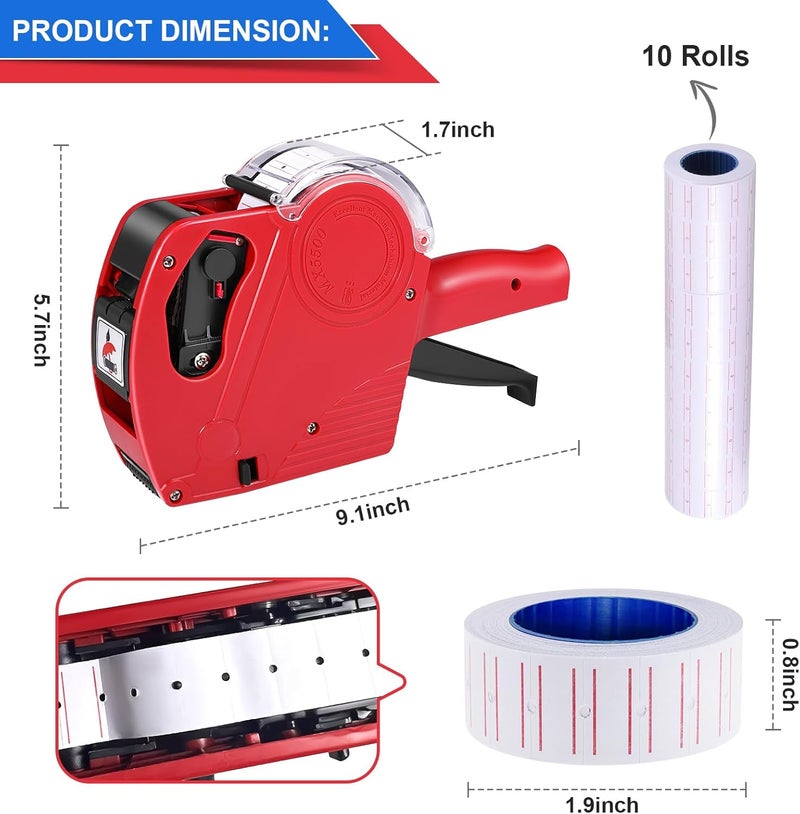 LonXFan Price Gun, 2 Pack Pricing Gun - 8 Digits Price Tag Gun with 5000 Labels & 4 Ink Rollers Kit Red Pricing Label Maker for Retailer,Supermarket - Image 3